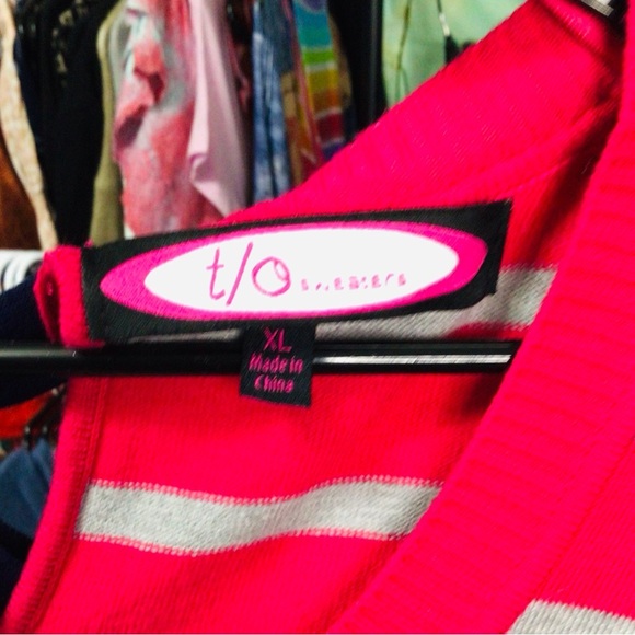 Vibrant Pink and White Striped Women's Sweater - Picture 2 of 3